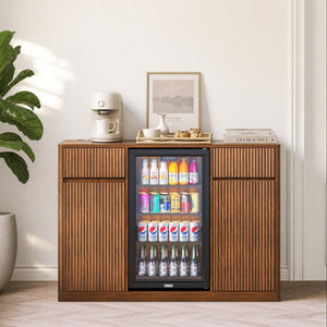English Elm 53'' Fluted Modern Bar Cabinet with Stemware Rack Charging Hub and Mini Fridge Housing Walnut W1820P505528