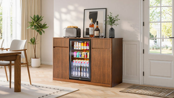 English Elm 53'' Fluted Modern Bar Cabinet with Stemware Rack Charging Hub and Mini Fridge Housing Walnut W1820P505528