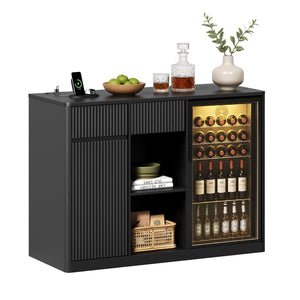 English Elm 51" Fluted Bar Cabinet with Charging Hub Wine Rack and Mini Fridge Space for Modern Homes Black W1820P505529