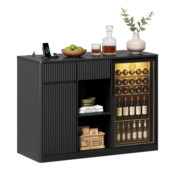English Elm 51" Fluted Bar Cabinet with Charging Hub Wine Rack and Mini Fridge Space for Modern Homes Black W1820P505529