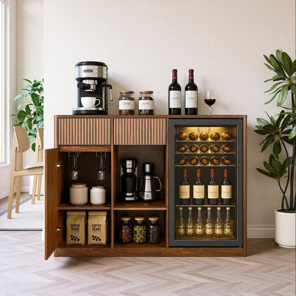 English Elm 51" Fluted Bar Cabinet with Charging Hub Wine Rack and Mini Fridge Space for Modern Homes Walnut W1820P505530