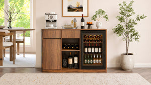 English Elm 51" Fluted Bar Cabinet with Charging Hub Wine Rack and Mini Fridge Space for Modern Homes Walnut W1820P505530