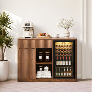 English Elm 51" Fluted Bar Cabinet with Charging Hub Wine Rack and Mini Fridge Space for Modern Homes Walnut W1820P505530