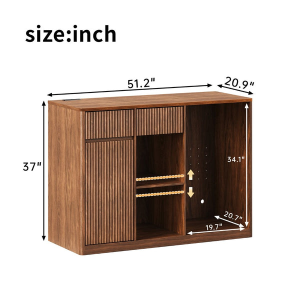 English Elm 51" Fluted Bar Cabinet with Charging Hub Wine Rack and Mini Fridge Space for Modern Homes Walnut W1820P505530