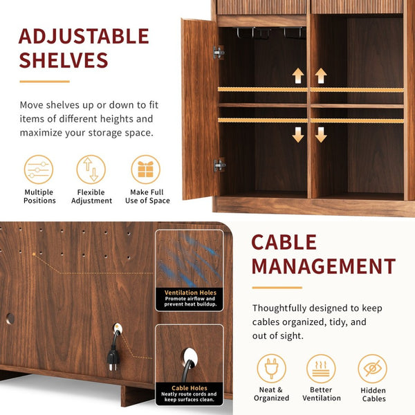 English Elm 51" Fluted Bar Cabinet with Charging Hub Wine Rack and Mini Fridge Space for Modern Homes Walnut W1820P505530