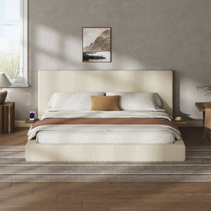 English Elm Airframe King Upholstered Platform Bed Corduroy Foam Cushion with Sliding Headboard Shelf W1820P510286