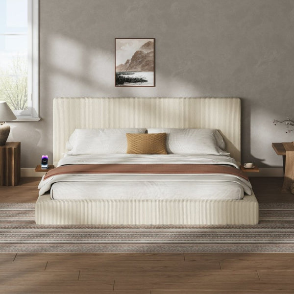 English Elm Airframe King Upholstered Platform Bed Corduroy Foam Cushion with Sliding Headboard Shelf W1820P510286