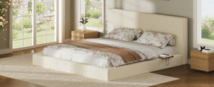 English Elm Airframe King Upholstered Platform Bed Corduroy Foam Cushion with Sliding Headboard Shelf W1820P510286