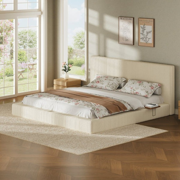 English Elm Airframe King Upholstered Platform Bed Corduroy Foam Cushion with Sliding Headboard Shelf W1820P510286