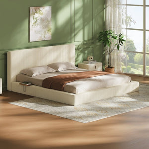 English Elm Airframe King Upholstered Platform Bed Corduroy Foam Cushion with Sliding Headboard Shelf W1820P510286
