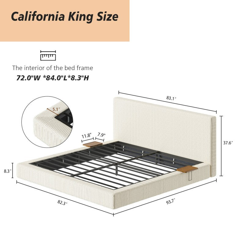 English Elm California King Corduroy Upholstered Platform Bed with Sliding Shelf Trays No Box Spring W1820P510295