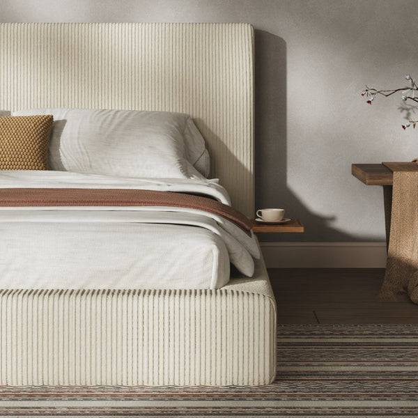 English Elm California King Corduroy Upholstered Platform Bed with Sliding Shelf Trays No Box Spring W1820P510295