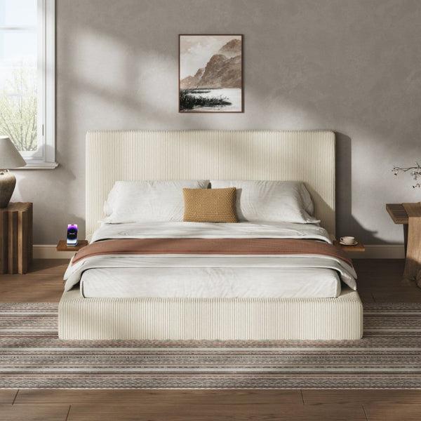 English Elm Airframe Queen Upholstered Corduroy Bed with Sliding Shelf and Cloud Foam Cushion W1820P510552