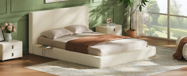 English Elm Airframe Queen Upholstered Corduroy Bed with Sliding Shelf and Cloud Foam Cushion W1820P510552