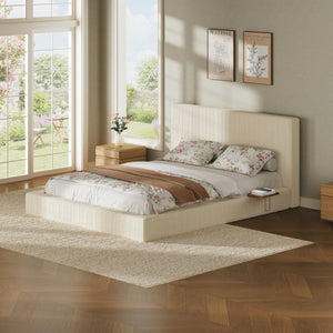 English Elm Airframe Queen Upholstered Corduroy Bed with Sliding Shelf and Cloud Foam Cushion W1820P510552