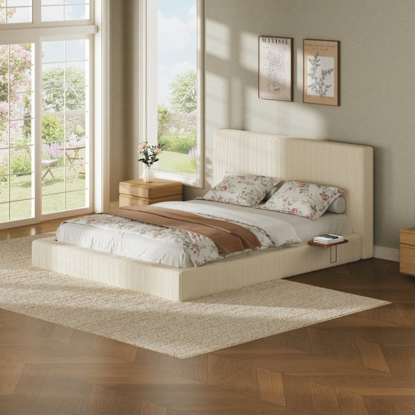 English Elm Airframe Queen Upholstered Corduroy Bed with Sliding Shelf and Cloud Foam Cushion W1820P510552