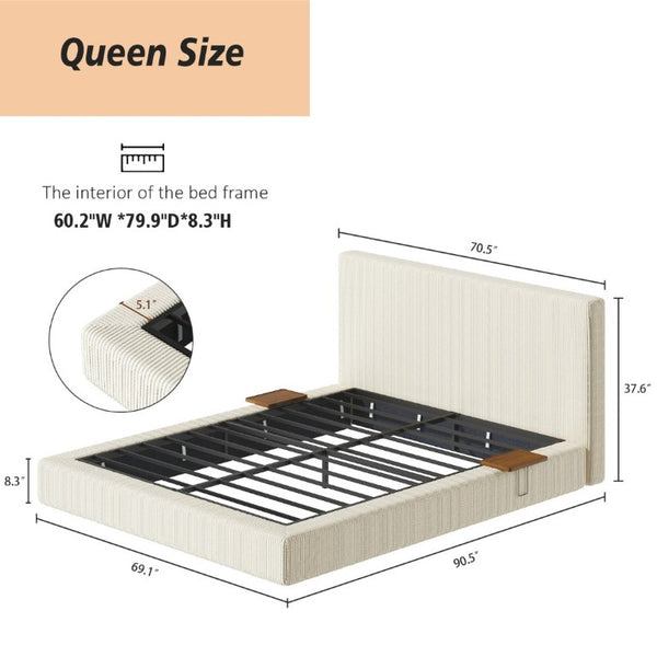 English Elm Airframe Queen Upholstered Corduroy Bed with Sliding Shelf and Cloud Foam Cushion W1820P510552