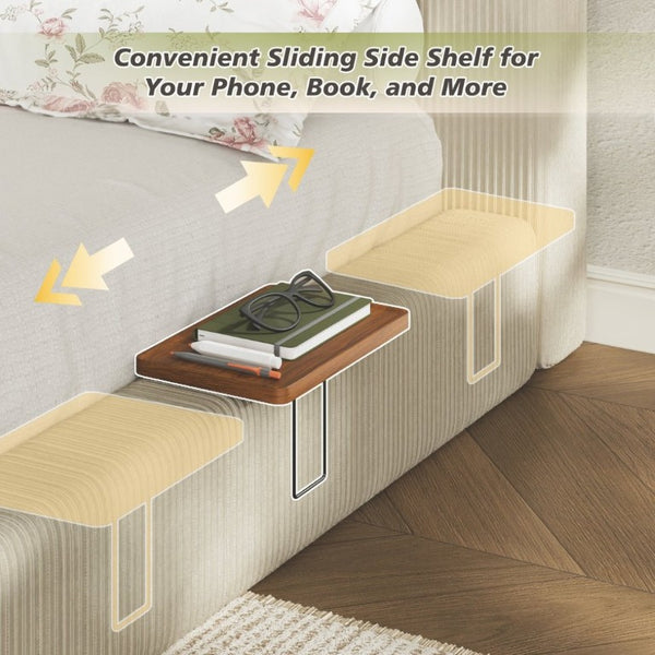 English Elm Airframe Queen Upholstered Corduroy Bed with Sliding Shelf and Cloud Foam Cushion W1820P510552
