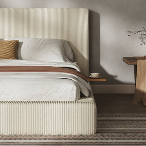 English Elm Airframe Queen Upholstered Corduroy Bed with Sliding Shelf and Cloud Foam Cushion W1820P510552