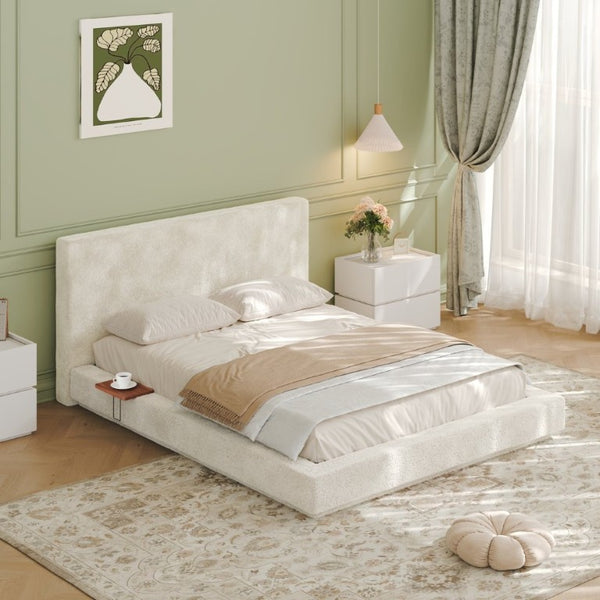 English Elm Airframe Queen Upholstered Bed Chenille Foam Cushion Floating Base with Sliding Trays W1820P513923