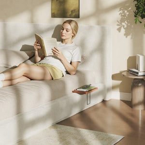 English Elm Airframe Queen Upholstered Bed Chenille Foam Cushion Floating Base with Sliding Trays W1820P513923