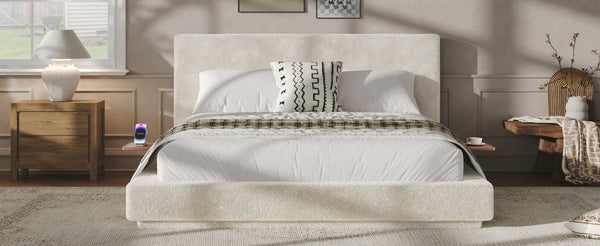 English Elm Airframe Queen Upholstered Bed Chenille Foam Cushion Floating Base with Sliding Trays W1820P513923