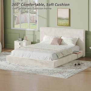 English Elm Airframe Queen Upholstered Bed Chenille Foam Cushion Floating Base with Sliding Trays W1820P513923