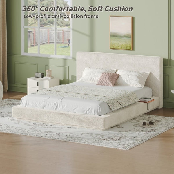 English Elm Airframe Queen Upholstered Bed Chenille Foam Cushion Floating Base with Sliding Trays W1820P513923
