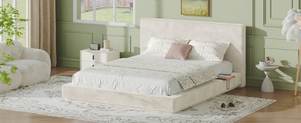 English Elm Airframe Queen Upholstered Bed Chenille Foam Cushion Floating Base with Sliding Trays W1820P513923