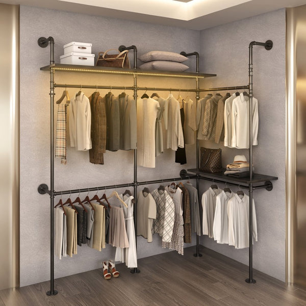 English Elm Industrial Steel Pipe Closet Organizer with Led Lights and Heavy Duty Hanging Rods W1820P518803