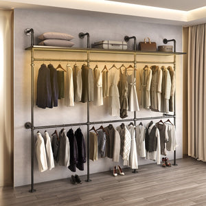 English Elm Industrial Steel Pipe Closet Organizer with Led Lights and Heavy Duty Hanging Rods W1820P518803