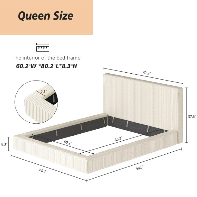 English Elm Queen Corduroy Upholstered Bed Surround Cushioned Wrap for Minimalist Bedroom Decor W1820P521165