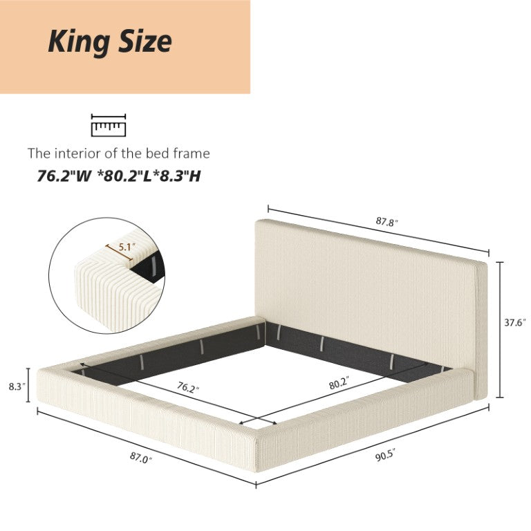 English Elm King Corduroy Upholstered Bed Surround Cushioned Wrap with Plush Foam for Modern Bedroom W1820P521167