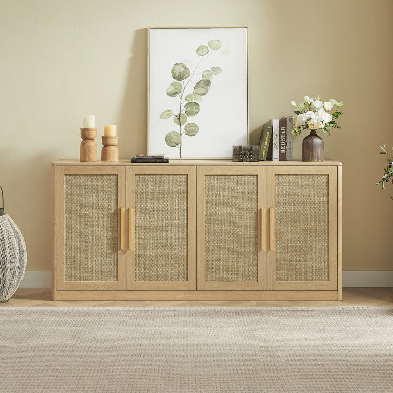 English Elm 67 Inch Rattan Door Sideboard Oak Finish Four Boho Credenza with Interior Shelving W1820P522734