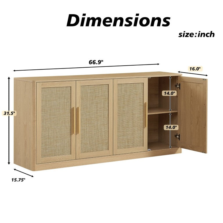 English Elm 67 Inch Rattan Door Sideboard Oak Finish Four Boho Credenza with Interior Shelving W1820P522734