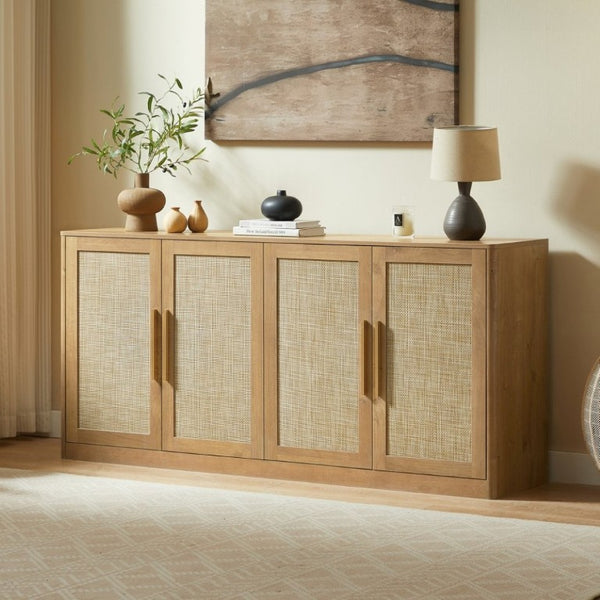 English Elm 67 Inch Woven Rattan Four Door Credenza Boho Sideboard for Dining and Living Spaces W1820P522741
