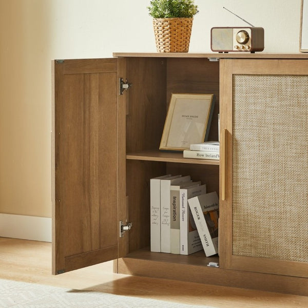 English Elm 67 Inch Woven Rattan Four Door Credenza Boho Sideboard for Dining and Living Spaces W1820P522741