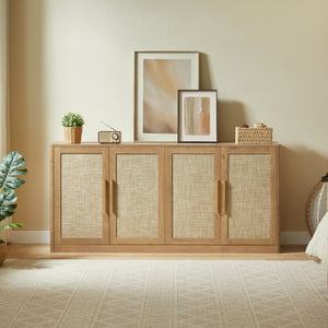 English Elm 67 Inch Woven Rattan Four Door Credenza Boho Sideboard for Dining and Living Spaces W1820P522741