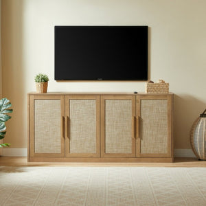 English Elm 67 Inch Woven Rattan Four Door Credenza Boho Sideboard for Dining and Living Spaces W1820P522741