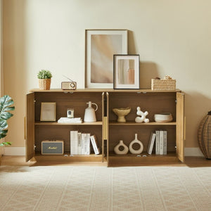 English Elm 67 Inch Woven Rattan Four Door Credenza Boho Sideboard for Dining and Living Spaces W1820P522741