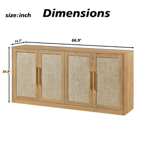 English Elm 67 Inch Woven Rattan Four Door Credenza Boho Sideboard for Dining and Living Spaces W1820P522741