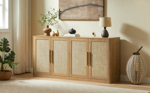 English Elm 67 Inch Woven Rattan Four Door Credenza Boho Sideboard for Dining and Living Spaces W1820P522741