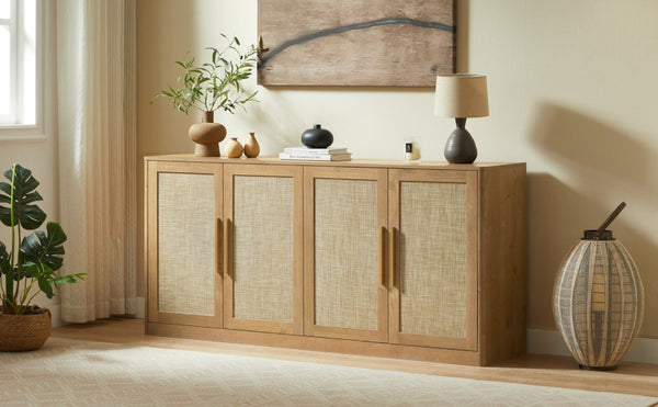 English Elm 67 Inch Woven Rattan Four Door Credenza Boho Sideboard for Dining and Living Spaces W1820P522741