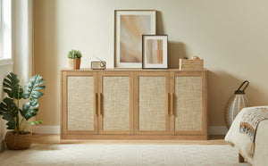 English Elm 67 Inch Woven Rattan Four Door Credenza Boho Sideboard for Dining and Living Spaces W1820P522741