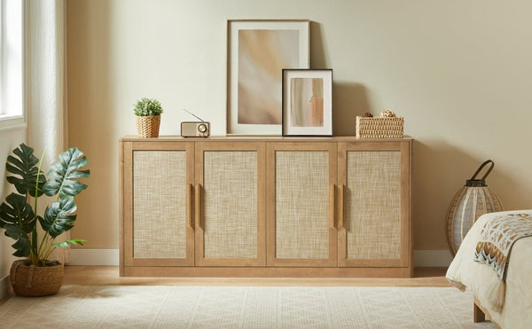 English Elm 67 Inch Woven Rattan Four Door Credenza Boho Sideboard for Dining and Living Spaces W1820P522741
