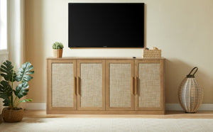 English Elm 67 Inch Woven Rattan Four Door Credenza Boho Sideboard for Dining and Living Spaces W1820P522741