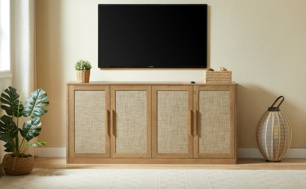 English Elm 67 Inch Woven Rattan Four Door Credenza Boho Sideboard for Dining and Living Spaces W1820P522741
