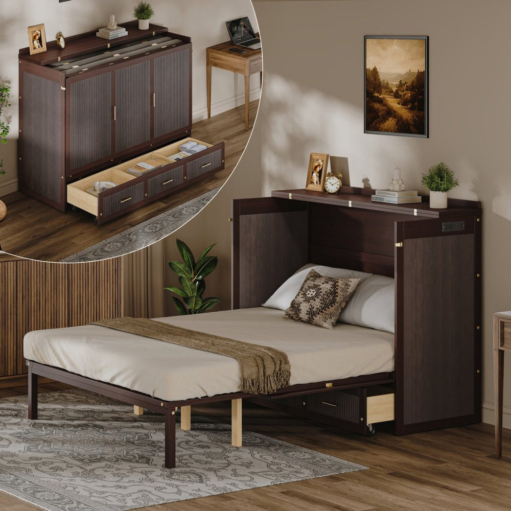 English Elm Multifunctional Queen Murphy Bed Cabinet with Usb Charging Drawers and Fold Down Wall Design Coffee W1820S00062