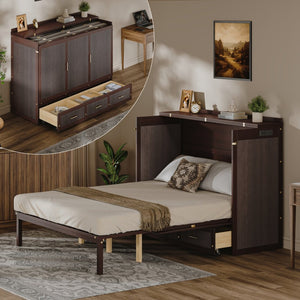 English Elm Multifunctional Queen Murphy Bed Cabinet with Usb Charging Drawers and Fold Down Wall Design Coffee W1820S00062
