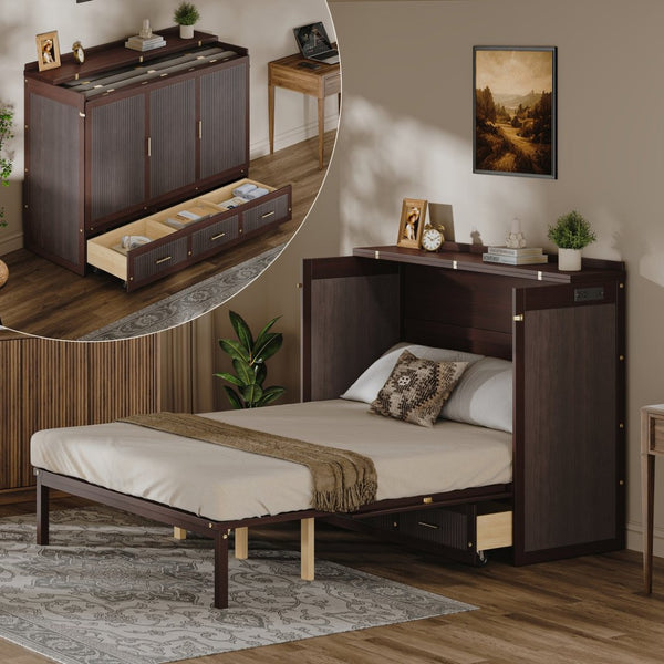 English Elm Multifunctional Queen Murphy Bed Cabinet with Usb Charging Drawers and Fold Down Wall Design Coffee W1820S00062